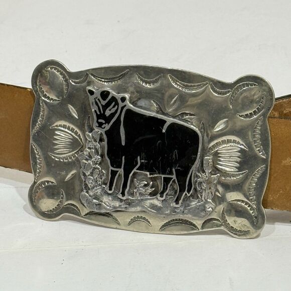 Vintage Firenze Leather Belt 36 Removable Nickel Silver Cow Buckle Argentina - Picture 4 of 16